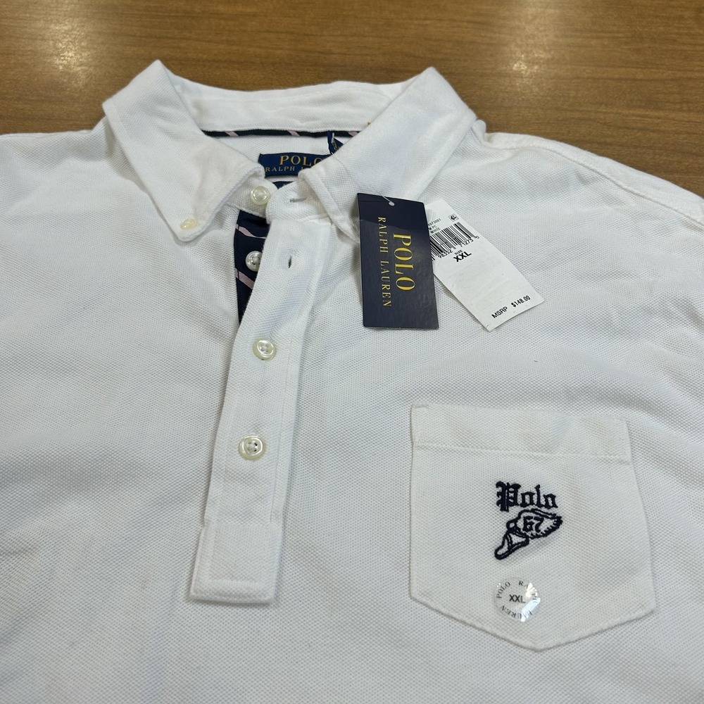 Polo Ralph Lauren Polo Shirt Mens 2XL White Knit Oxford Long Sleeve Pocket NWT